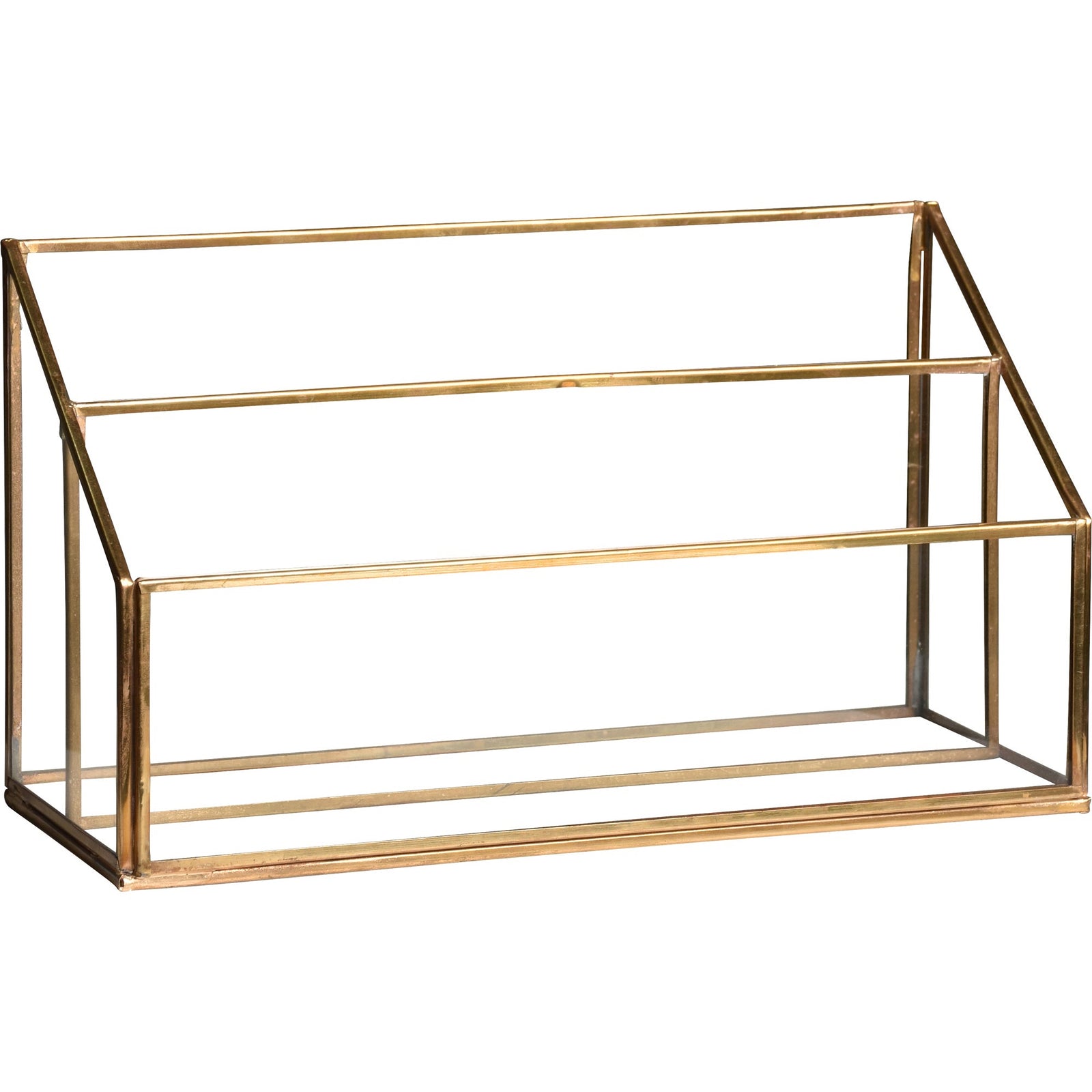 A gold-colored metal letter stand with multiple compartments.