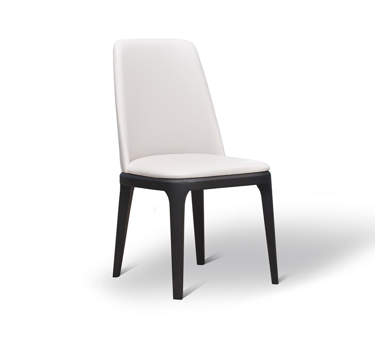 A modern white dining chair with a wooden frame and a full backrest.