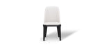 A modern white dining chair with a wooden frame and a full backrest.