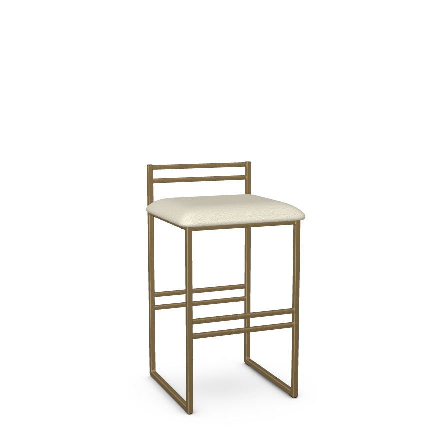A modern counter stool with a beige upholstered seat and a metallic gold frame.