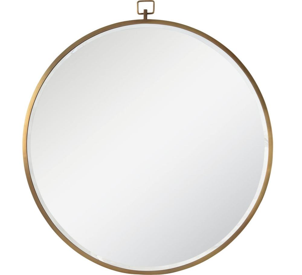 A round silver-framed wall mirror with a gold metallic finish.