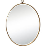 A round silver-framed wall mirror with a gold metallic finish.