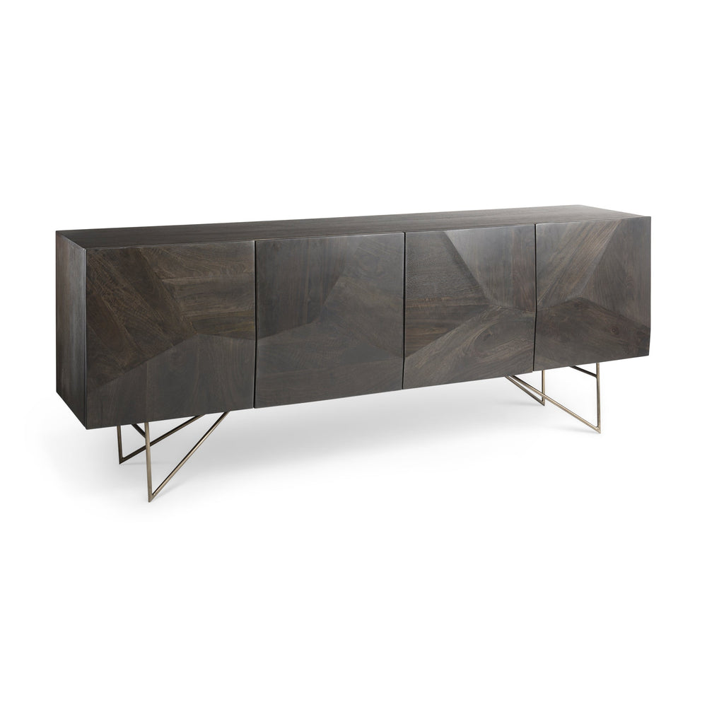 Modern dark wood sideboard with geometric design on a white background