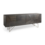 Modern dark wood sideboard with geometric design on a white background