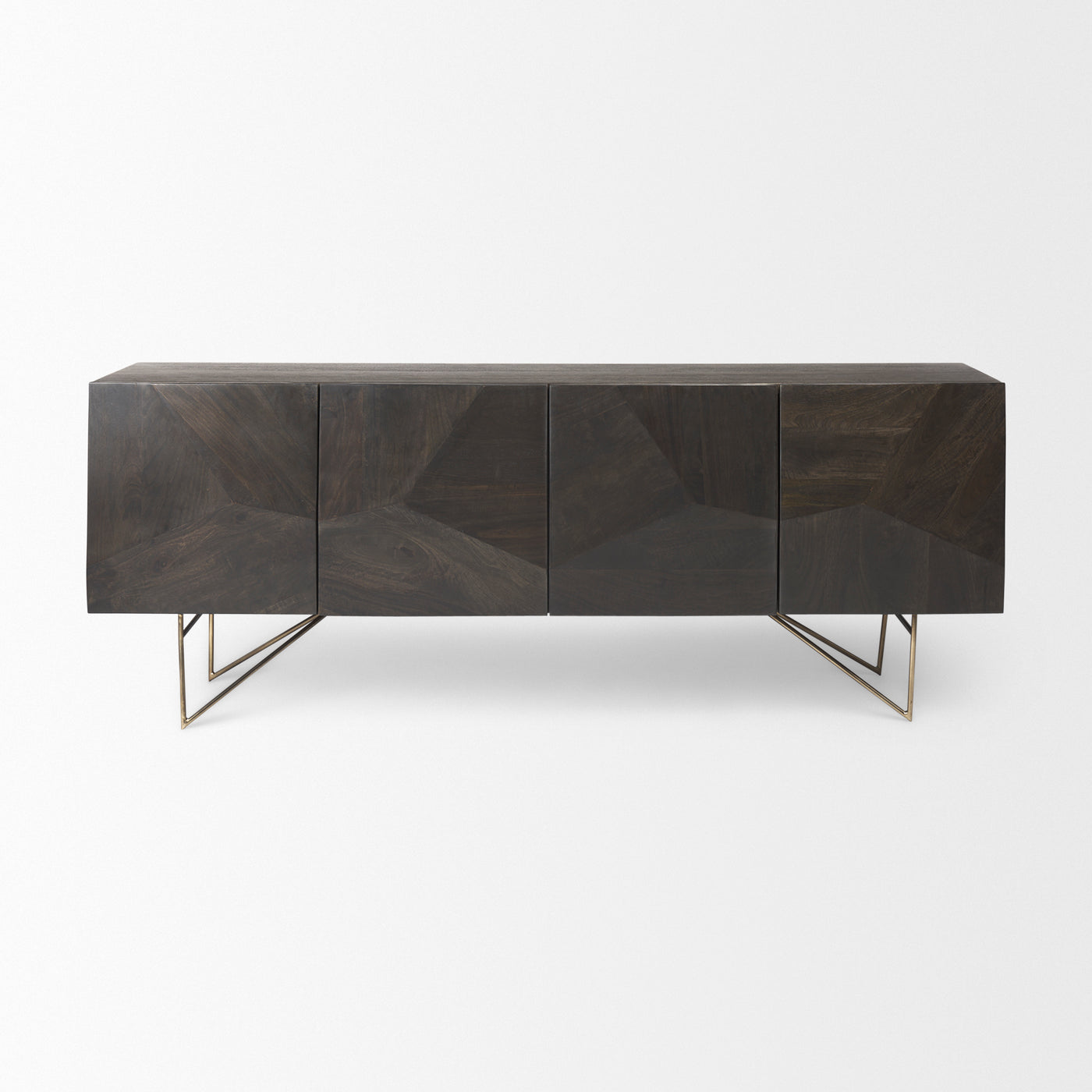Modern dark wood sideboard with geometric design on a white background