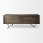 Modern dark wood sideboard with geometric design on a white background