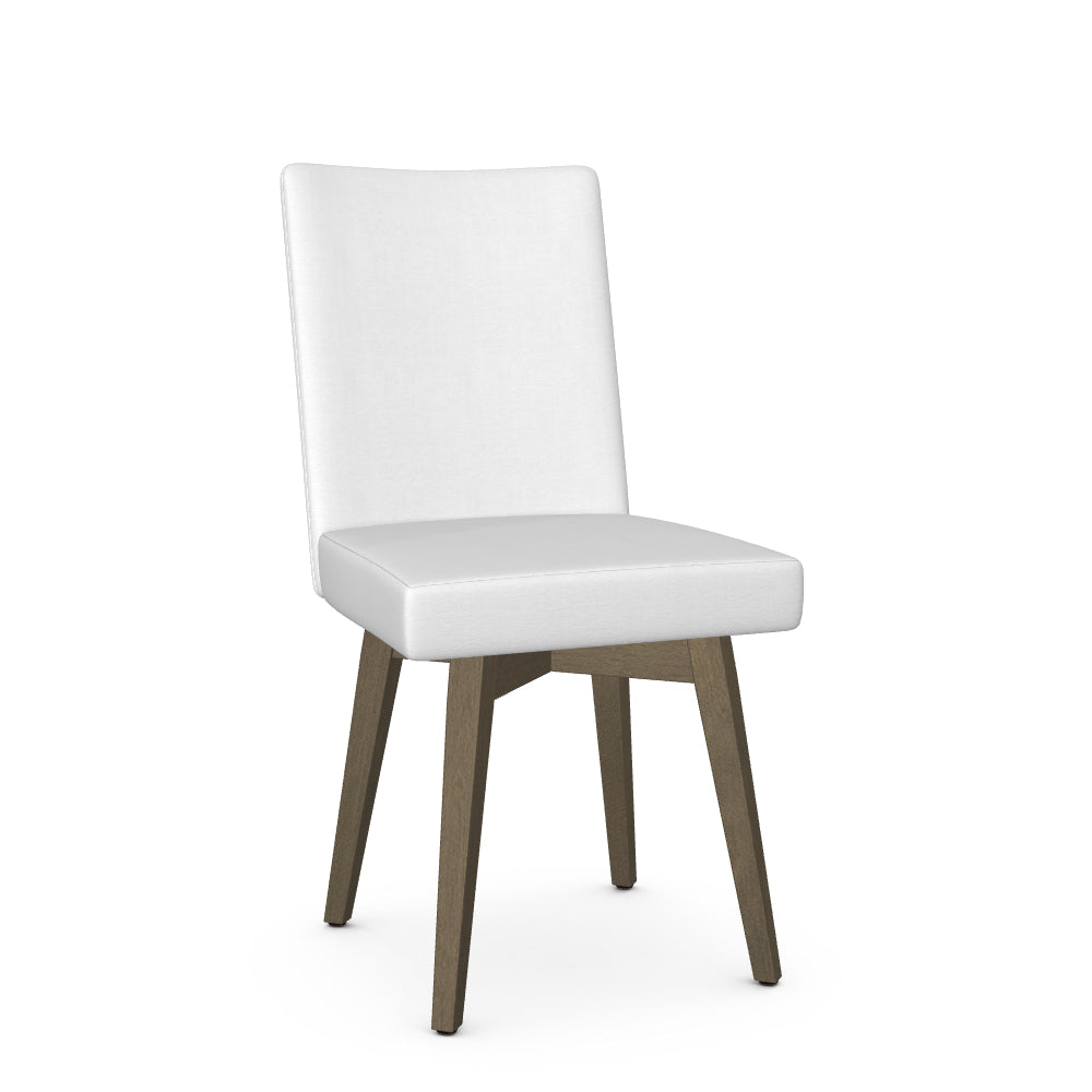 A white dining chair with a full backrest, upholstered seat, and wooden legs.