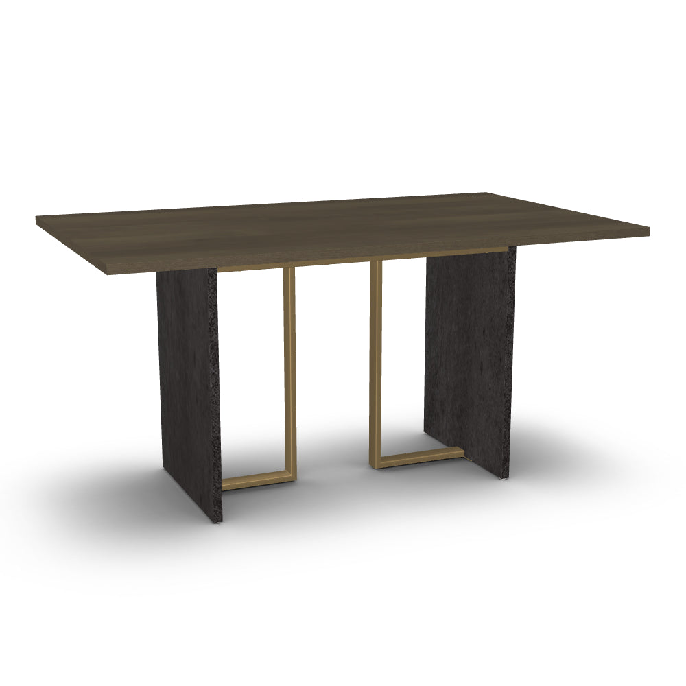 A rectangular dining table with a birch veneer top and a brass accent table base, featuring dark legs and a lighter tabletop.