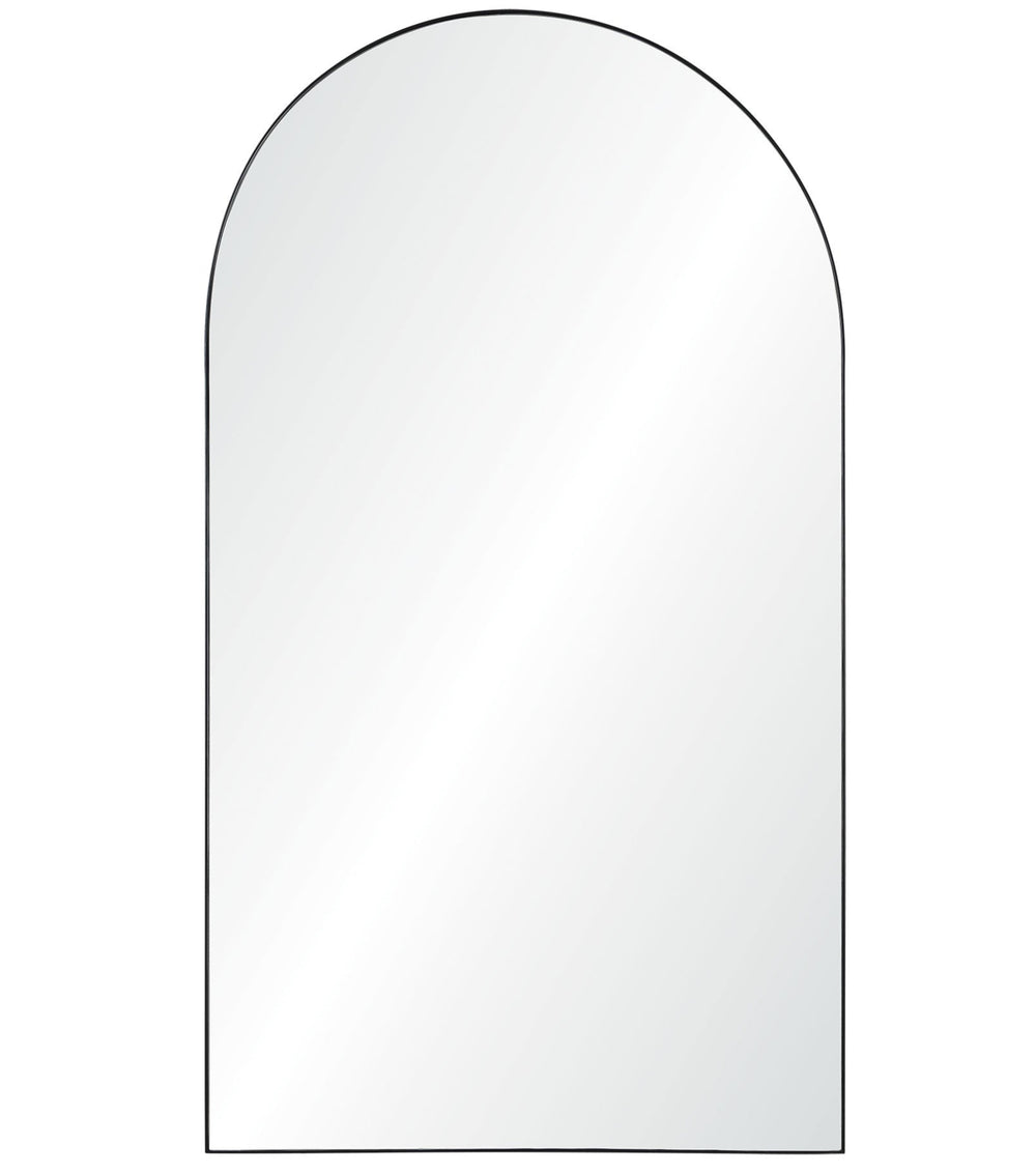 An arch-shaped full-length mirror with a matte black frame.