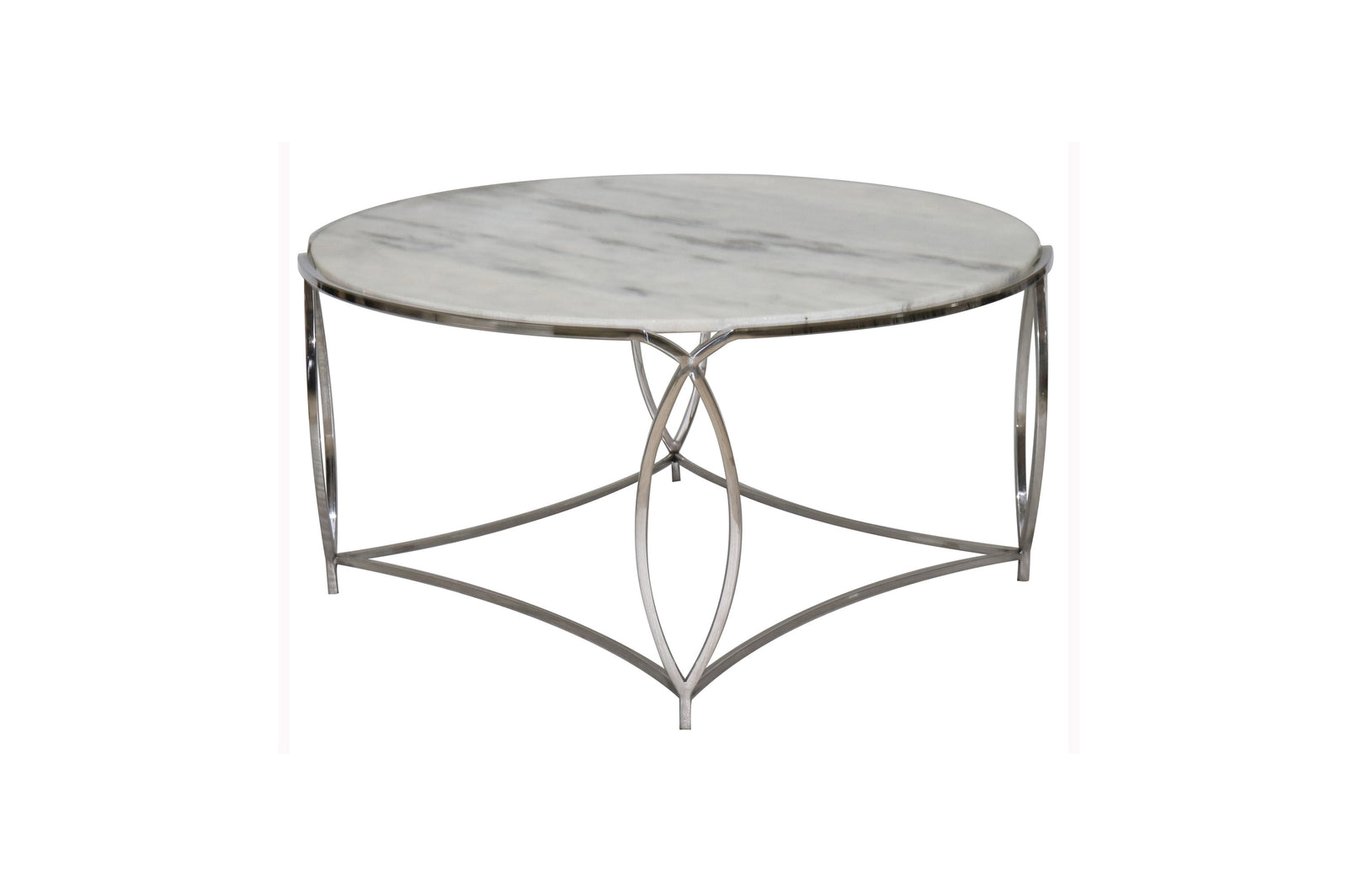 A round marble end table with a silver metal frame.