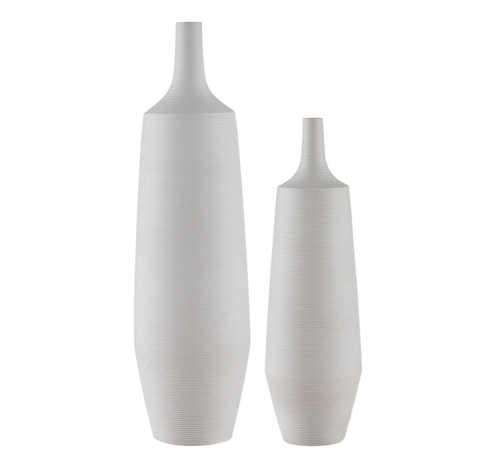 Two white vases of different sizes, with a smooth finish and a classic shape.