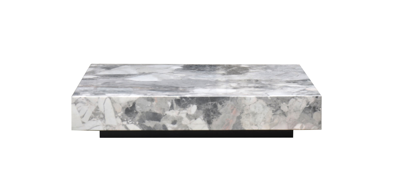 A rectangular gray marble coffee table with metal legs.