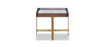 A dark walnut finish nightstand with a rectangular marble top and brass-colored metal legs.