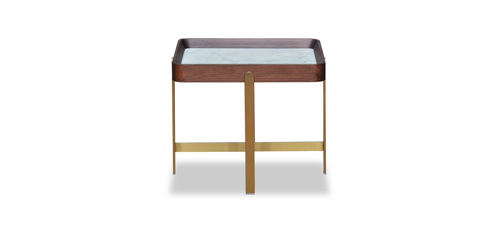 A dark walnut finish nightstand with a rectangular marble top and brass-colored metal legs.
