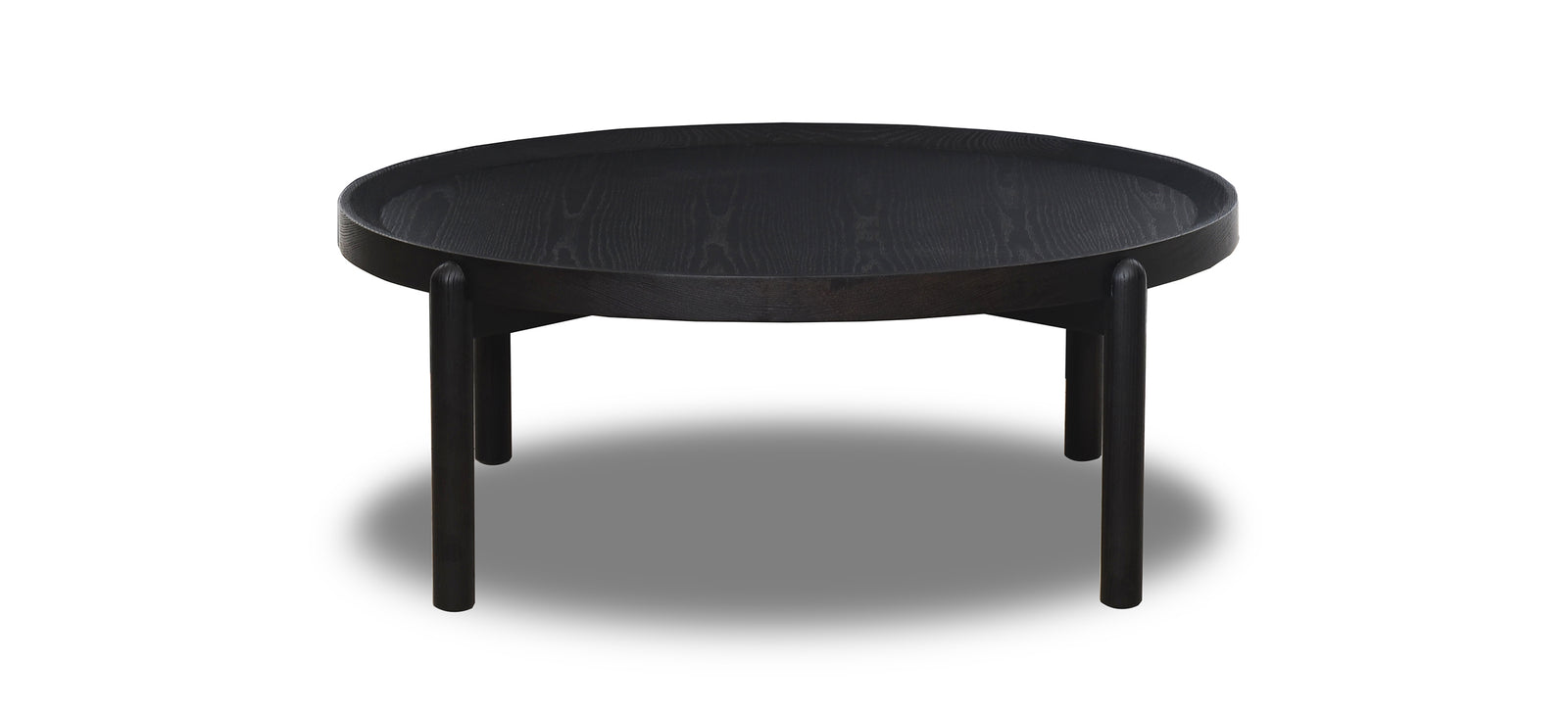 A round, black coffee table with a simple design and no visible legs.