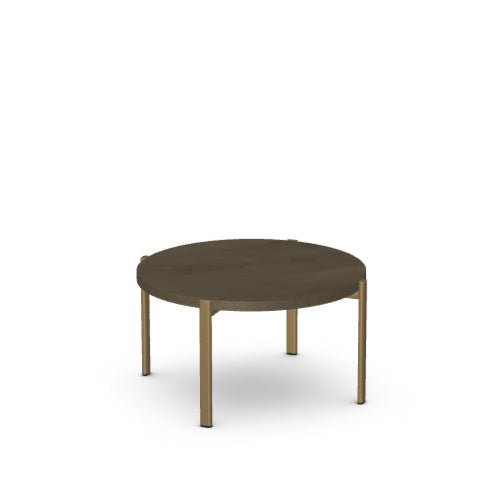 Round wooden table with metal legs on a white background