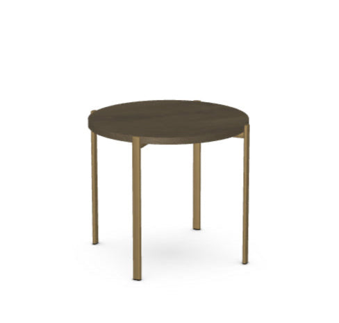 Round table with dark brown top and light brown legs on a white background