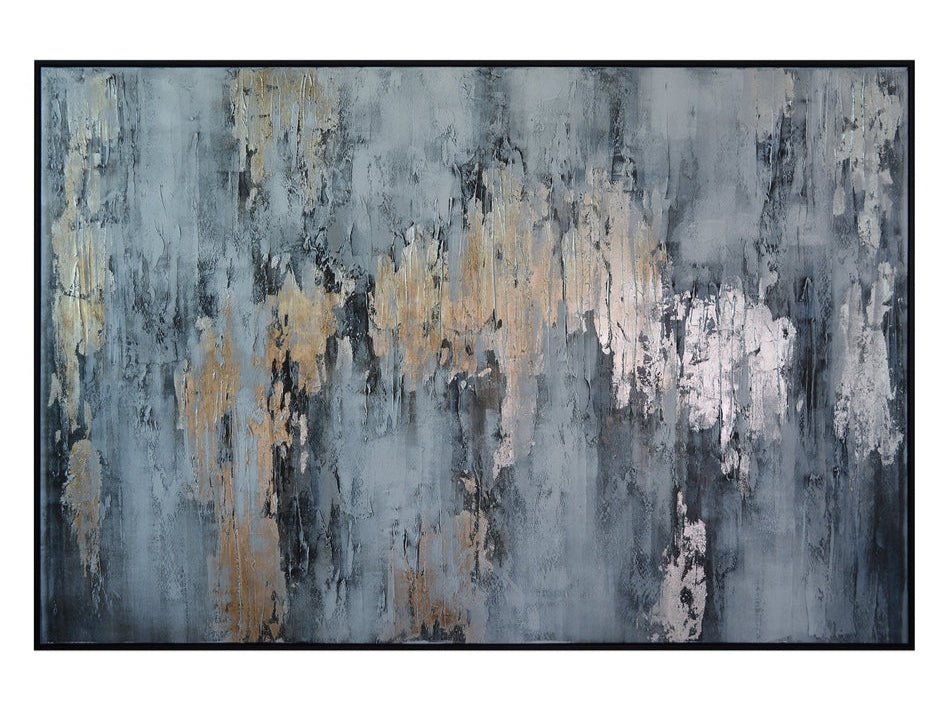 A abstract painting featuring various shades of blue and black colors with expressive brushwork, presented in a simple black wood frame.