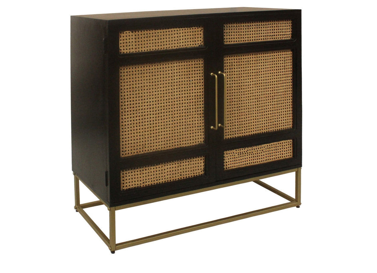 A modern Asian sideboard with black frame and beige bamboo-like panels, featuring gold-colored accents and handles.