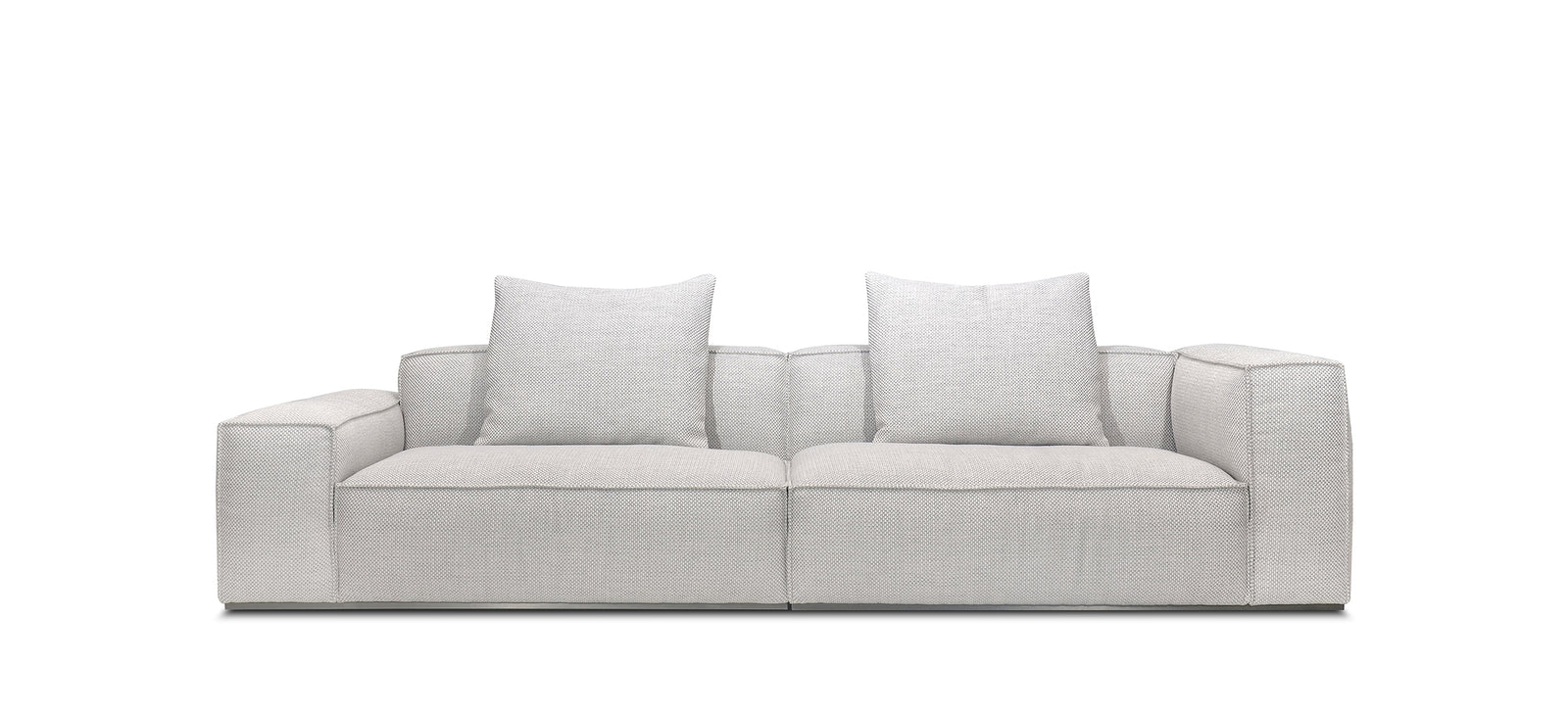 A beige Monica sofa with a fabric cover, cushioned backrest, and a modern design, measuring 118 inches in width.