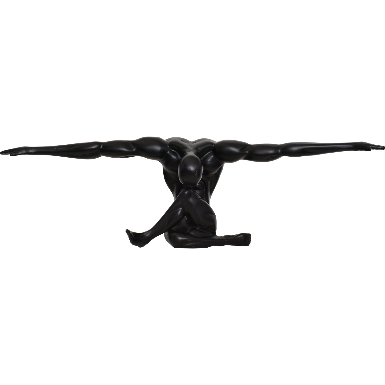 A black matte statue of a figure with arms outstretched, standing on a base, with a matte finish.