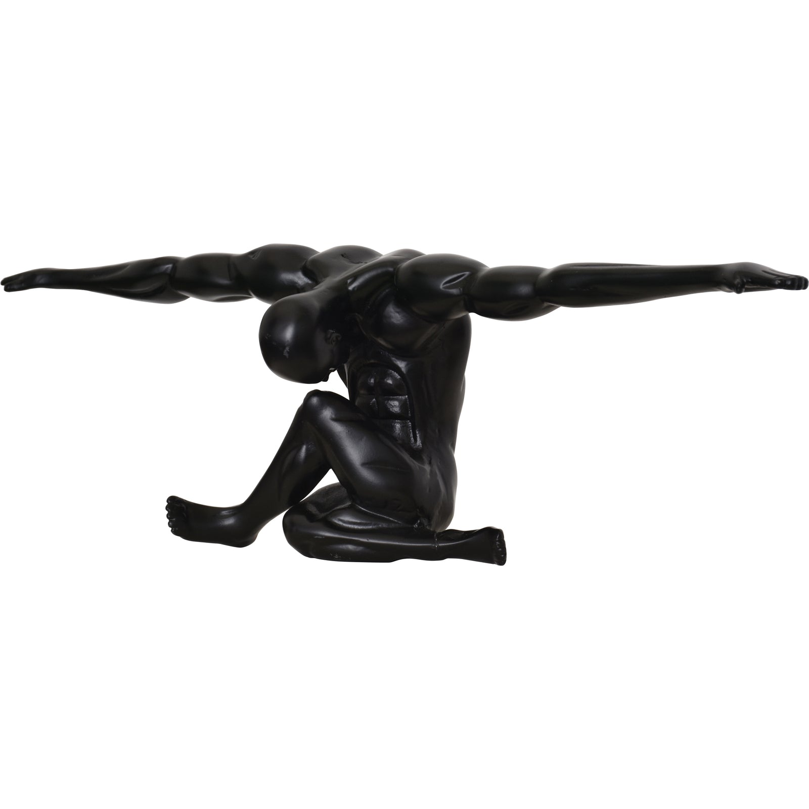 A black matte statue of a figure with arms outstretched, standing on a base, with a matte finish.