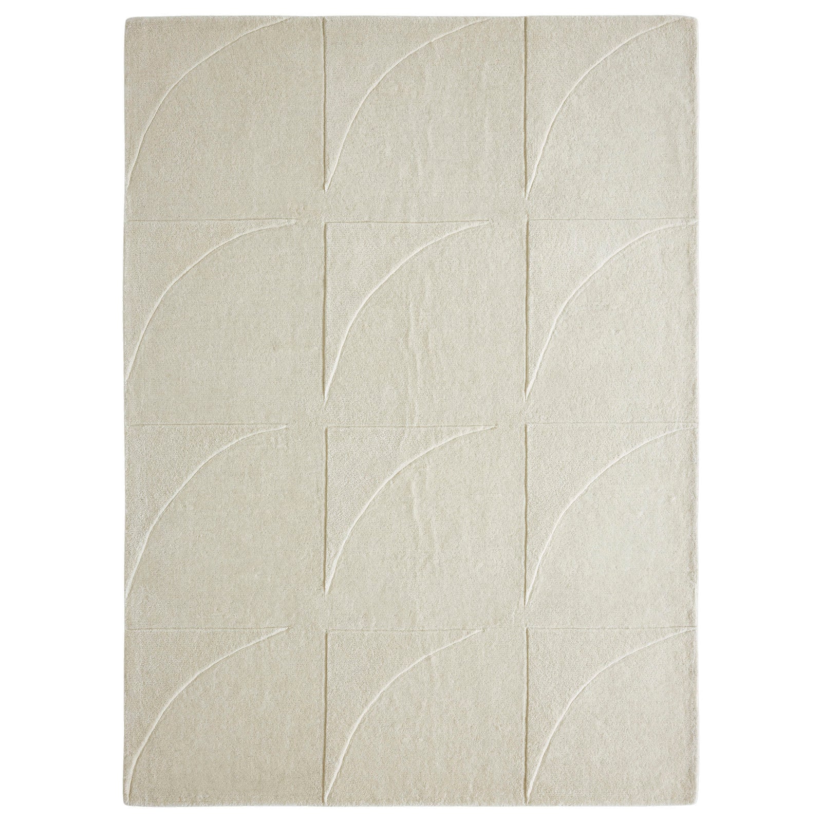 An ivory-colored wool area rug with a geometric patterned design, hand tufted with a cotton backing.