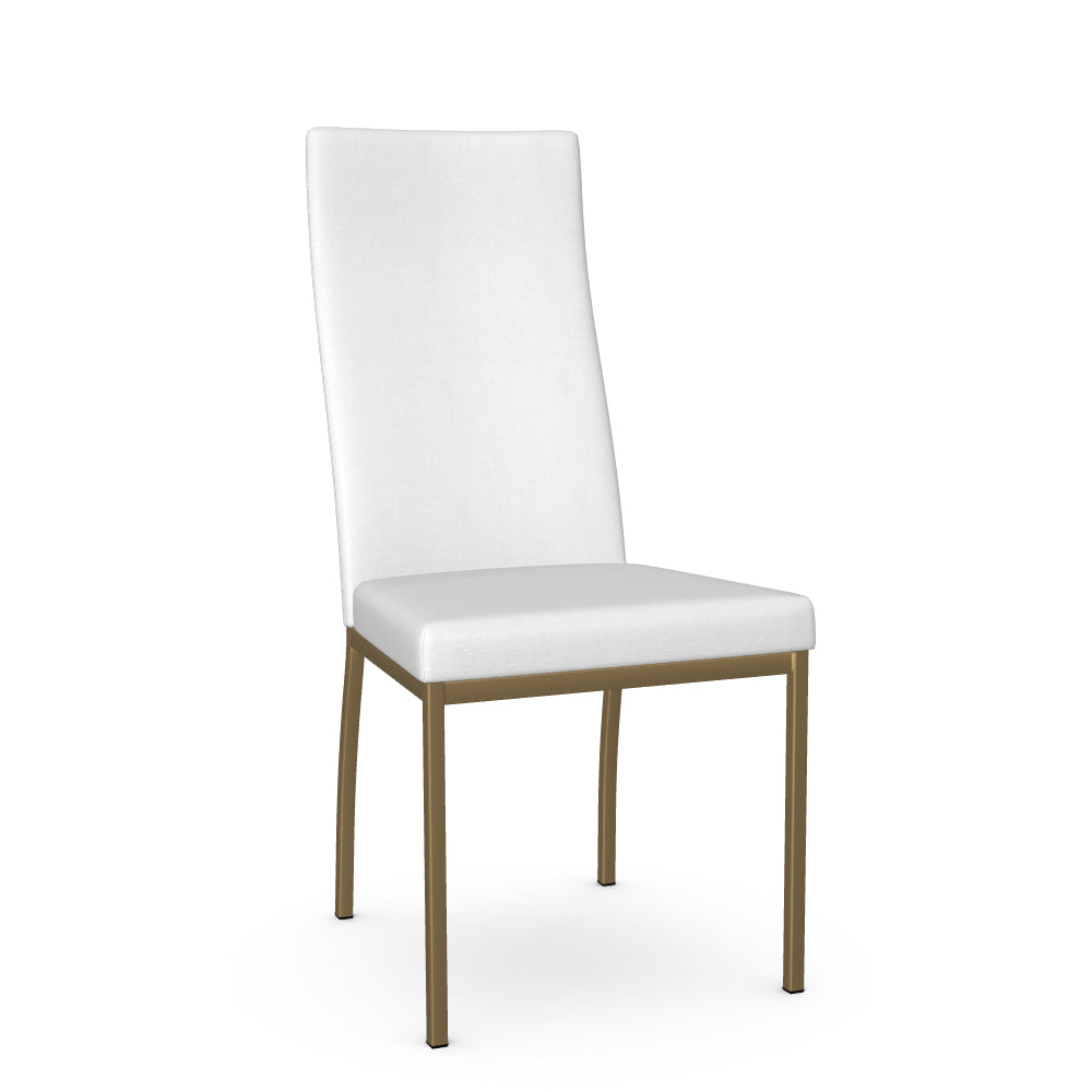 A white dining chair with a full backrest and seat, featuring a metallic frame.