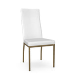 A white dining chair with a full backrest and seat, featuring a metallic frame.