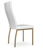 A white dining chair with a full backrest and seat, featuring a metallic frame.