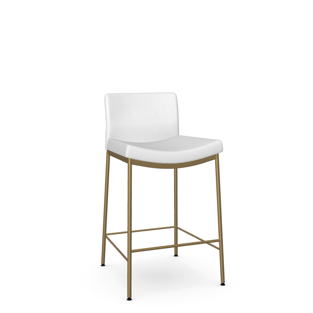 A white counter stool with a gold-colored metal frame and a full backrest.
