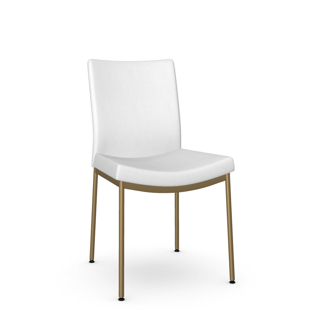 A white dining chair with a metal frame and a white padded seat and backrest.