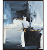 An abstract hand-painted canvas in blue hues and metallic tones, featuring geometric and textured patterns.