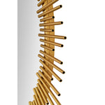 A round decorative mirror with a gold leaf finish frame designed to resemble a sunburst.