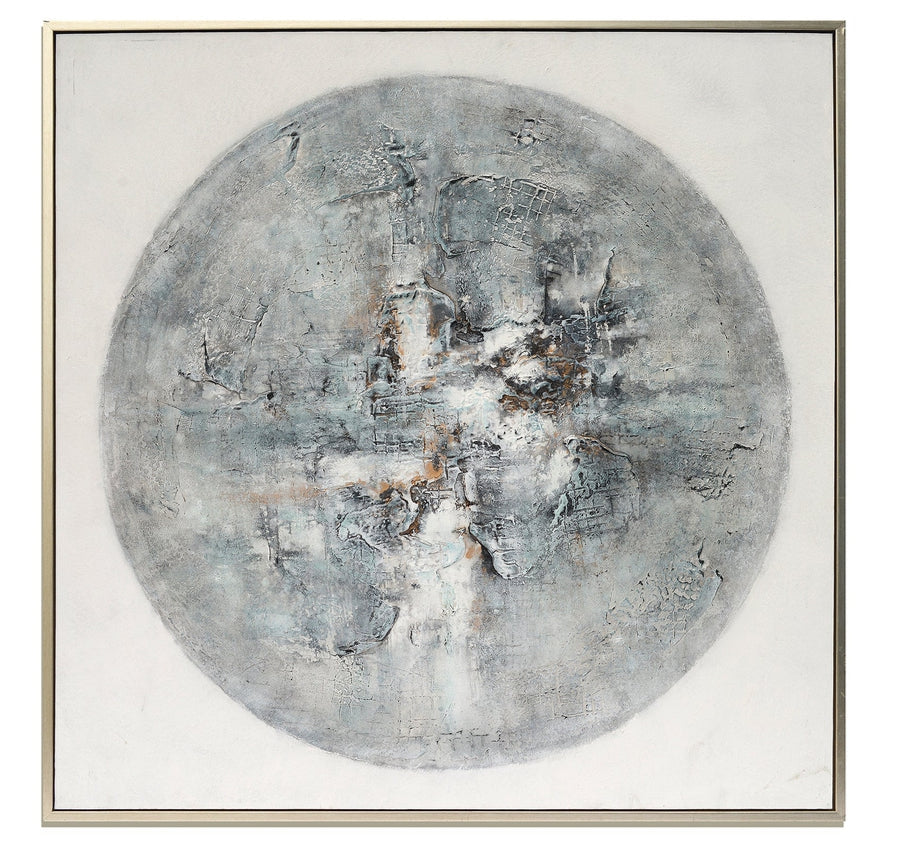 This image features a captivating hand-painted wall art titled "Out For A Spin." The artwork is a circular panel, creating a striking visual impact with its unique pattern and stunning painted effect.