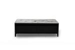 A dark espresso oak coffee table with a natural marble top and storage space beneath, on a plain background.