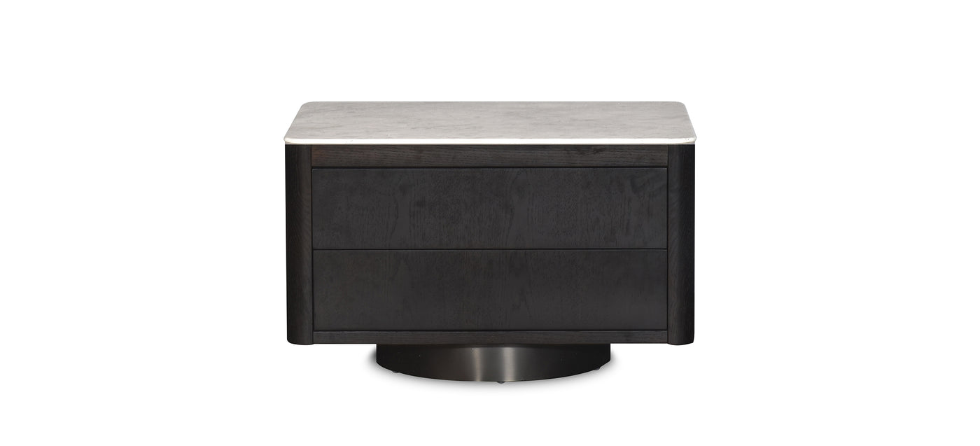 A dark espresso oak end table with a rectangular top, featuring a gray marble top and black base.