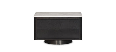 A dark espresso oak end table with a rectangular top, featuring a gray marble top and black base.
