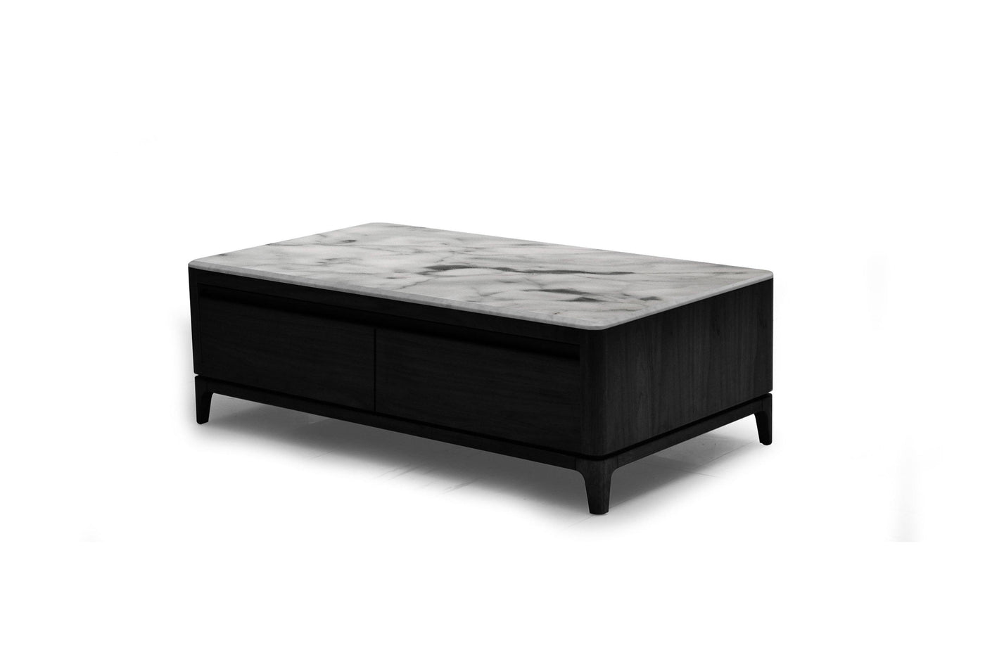 A dark espresso oak coffee table with a natural marble top and storage space beneath, on a plain background.