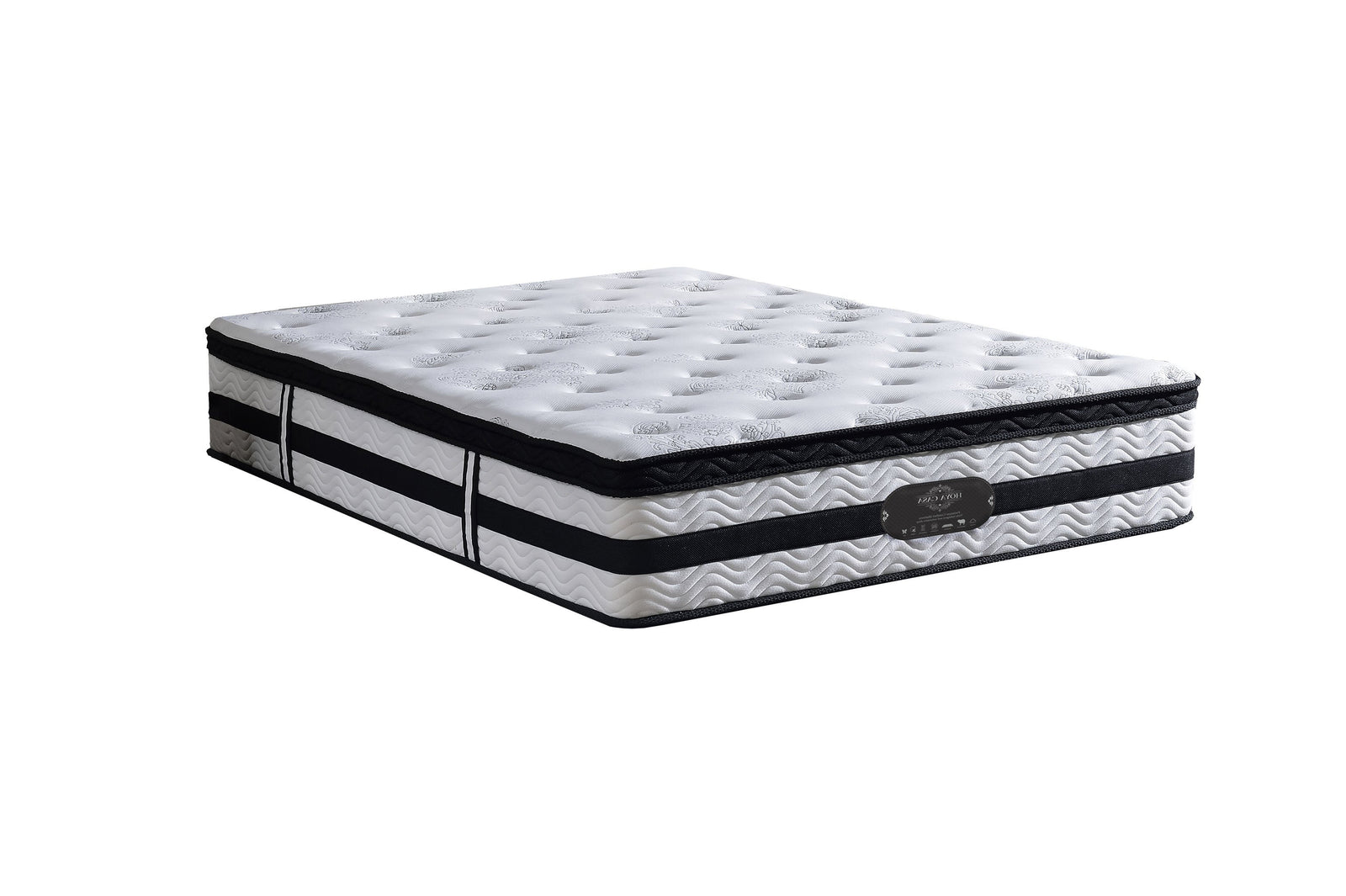 A queen-sized mattress with a white and black patterned cover, displayed on a white background.