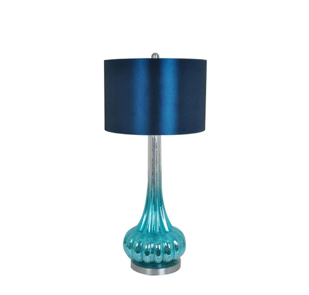 A peacock blue lamp with a turquoise base and a blue lampshade, isolated on a white background.