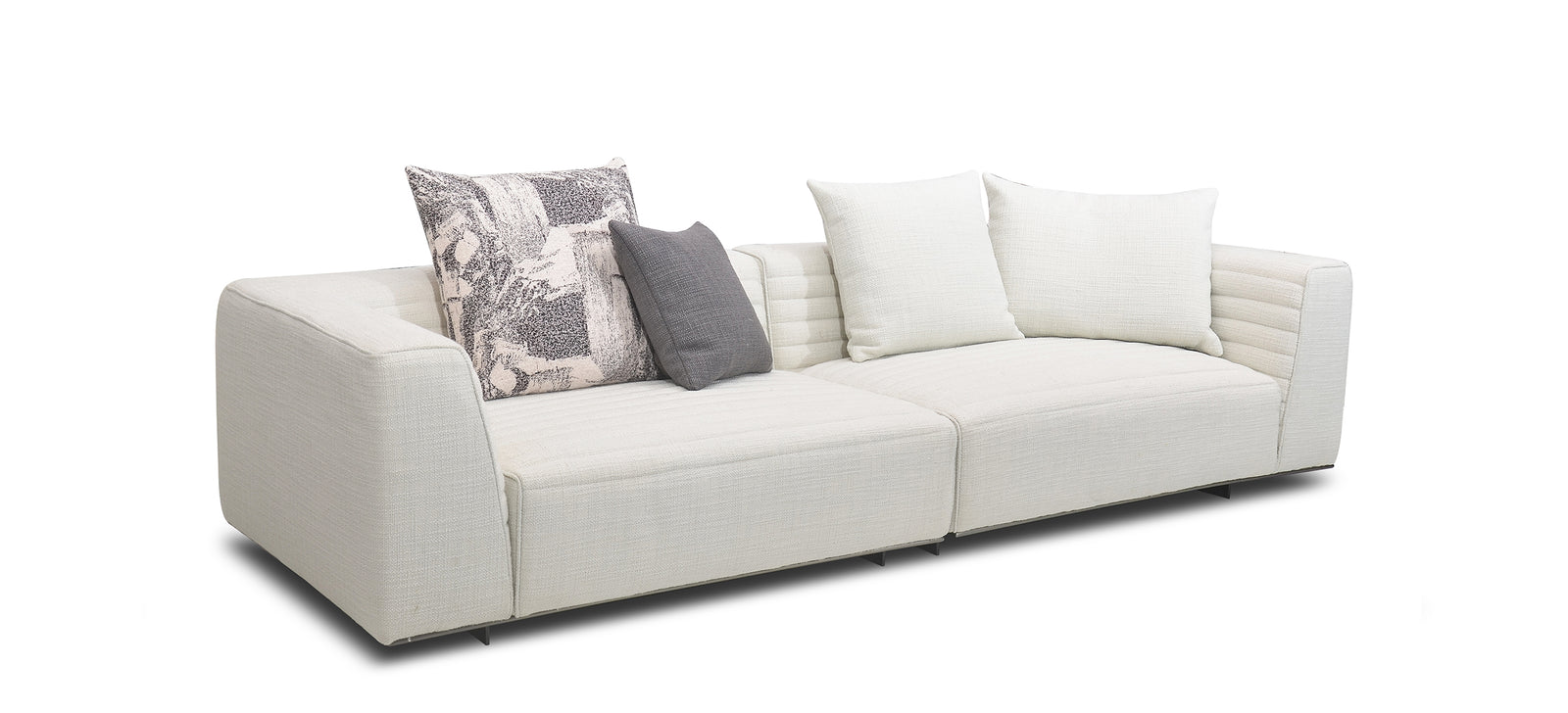 A white sectional sofa with goose down filling, featuring a minimalist design with a chrome metal frame and a photograph on the backrest.