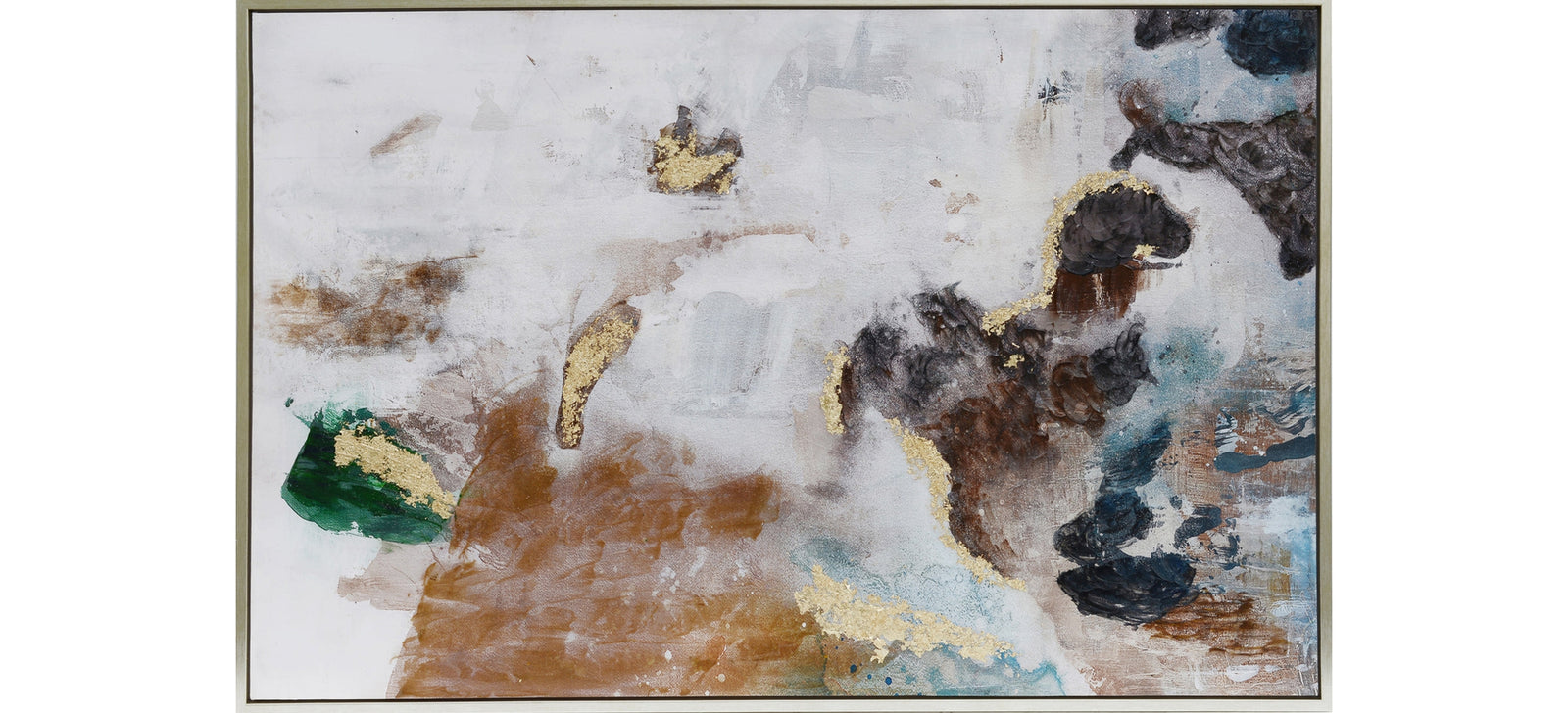 This image features an abstract wall art/painting that boasts a prehistoric aesthetic. The artwork, rendered in oils on high-quality canvas, displays a blend of earthy and dark tones with unexpected splashes of bright green and vivid yellow.