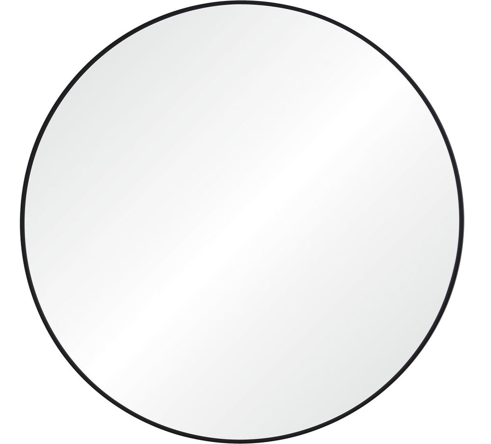 a round mirror with black frame