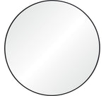 a round mirror with black frame