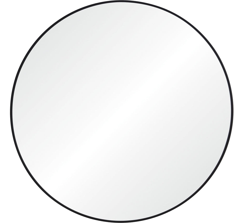 a round mirror with black frame