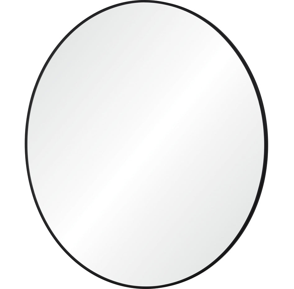 a round mirror with black frame