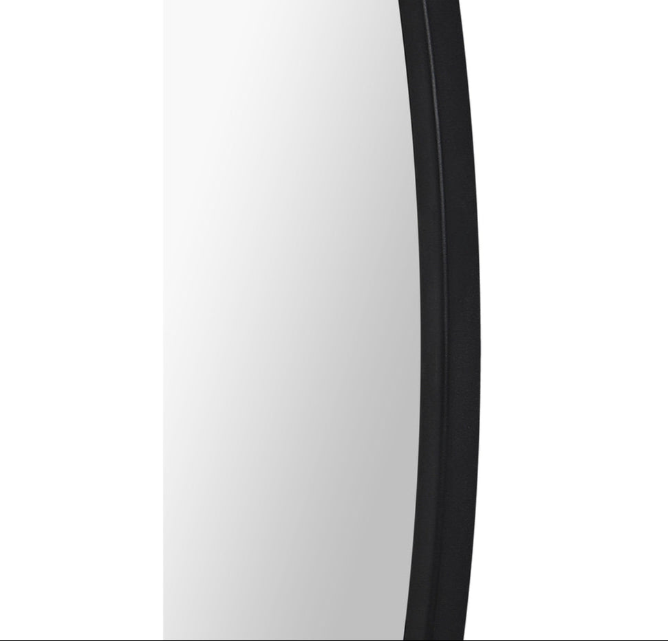 a round mirror with black frame