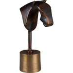 A bronze-colored aluminum horse statue with a cobalt blue stripe on its neck, mounted on a brass-finished base.
