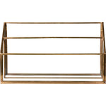 A gold-colored metal letter stand with multiple compartments.
